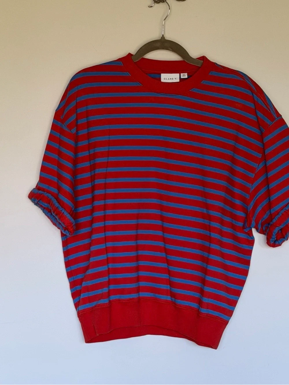 Clare V Red & Blue Striped Puff-Sleeve Oversized Sweatshirt - Picture 2 of 4